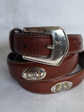 Vintage Fossil Leather Golf Belt with silver tone buckle, medallions